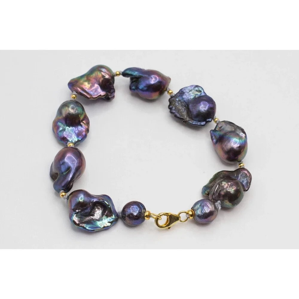 Black Baroque Pearl Bracelet, Handknotted 925 Sterling Silver Gold Plated